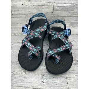 Chaco Cloud Women's Sandals Strappy Toe Loop Blue Coral Teal Geometric Size 8